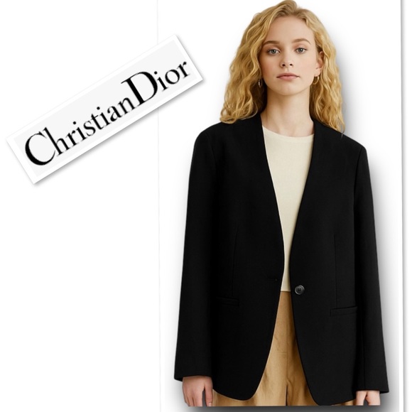 Vintage 1990s Christian Dior Jacket Black Crepe Tailored In USA Collarless Sz 16 - Picture 1 of 13